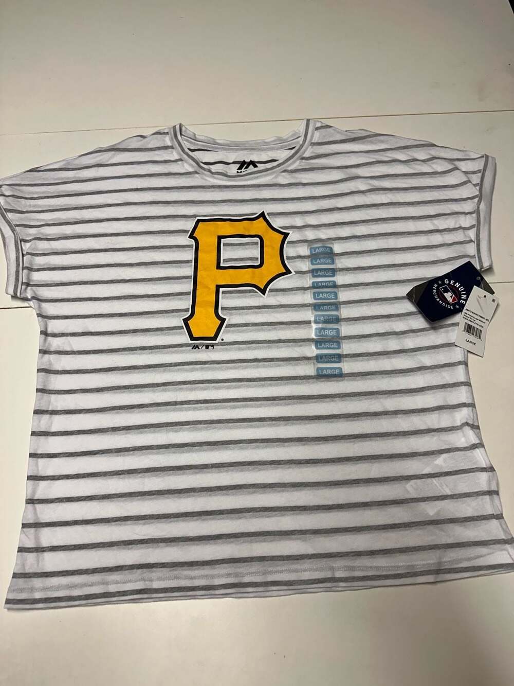 Majestic Pittsburgh Pirates T-Shirt Size Large White w/Gray Striped